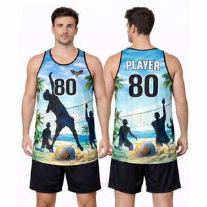 ชุดเสื้อวอลเลย์บอลชายหาดแบบกำหนดเองสำหรับผู้ชาย พิมพ์ลายซันเซ็ตด้วยเทคนิค Sublimation เสื้อกล้ามและกางเกงขาสั้น ชุดยูนิฟอร์มทีมพร้อมชื่อและหมายเลข - Product Image 2