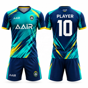 ชุดเสื้อฟุตบอลแบบซับลิเมชั่นสั่งทำพิเศษ AAIR คอวี แขนสั้น สีฟ้าอมเขียวเหลือง ลายเรขาคณิต สำหรับทุกเพศ ผลิตจากโพลีเอสเตอร์ 100% แห้งเร็ว - Product Image 3