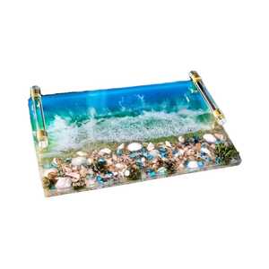 Plateau de service élégant en résine blanc givré avec bordure en cristal écrasé et incrustation en feuille d'or, plateau rectangulaire de luxe pour boissons - Product Image 6