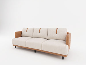 Sofá moderno de tres plazas tapizado con cojines de tela y detalles en cuero para sala de estar - Product Image 2