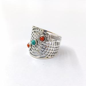 แหวนพลอยโทนสีเงินสไตล์คลาสสิกแหวนปะการังเทอร์ควอยซ์แบบปรับได้สำหรับงานแต่งงานงานปาร์ตี้วันครบรอบ - Product Image 2