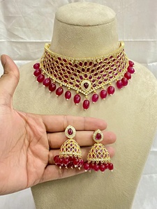 22K Gold Plated Brass Ruby Bridal Jewelry Set with Vintage Indian Wedding Earrings & <b>Statement</b> <b>Necklace</b> - Product Image 3
