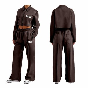 Ensemble de survêtement 100 % polyester pour femme, manches longues, fermeture éclair frontale, logo, coupe ample, décontracté, automne, couleur unie, pantalon large, respirant - Product Image 3