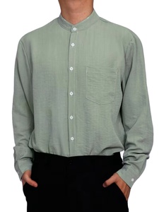Men's Summer Vacation Casual Long Sleeve Button-<b>Up</b> Stand Collar Solid Color Soft Breathable Fabric Quick Dry Regular Fit Chest - Product Image 3