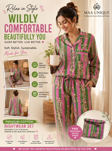 Ensemble pyjama 3 pièces pour femme, imprimé tigre rose et vert, écologique, de qualité supérieure, tenue de nuit et de détente, avec pochette assortie - Product Image 2