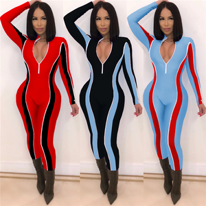 Combinaison longue femme color block à manches longues, taille haute, coupe ajustée, col en V, fermeture éclair sur le devant, style club, en Spandex et Polyester, longueur intégrale - Product Image 5