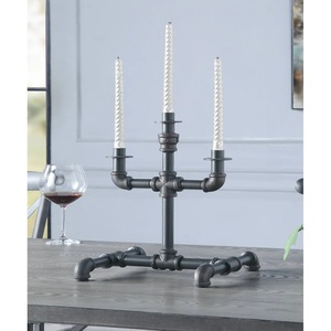 Industrial Iron Pipe Candle Holder Retro Steampunk 3-Arm <b>Candelabra</b> Matte <b>Black</b> Metallic Taper Candle Stand for Loft Restaurant - Product Image 2