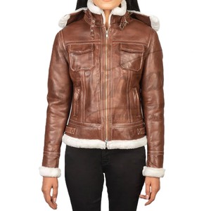 Chaqueta con Capucha de Cuero Genuino Marrón para Mujer, con Ribete de Piel Sintética Blanca, Corte Ajustado, Piel de Oveja Premium, Abrigo de Invierno Estilo Biker, a la Moda - Product Image 1