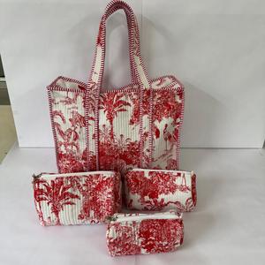 Red Jungle Toile Quilted Cotton Print Soft Tote <b>Bag</b> with Cosmetic Pouch Set Women Handmade Shoulder <b>Bag</b> Travel Combo - Product Image 3