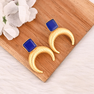 Pendientes de Latón con Forma de Media Luna y Piedra Preciosa Azul Tinta, Chapados en Oro, Joyería Hecha a Mano para Mujer, Lote al por Mayor de 10 Pares - Product Image 3