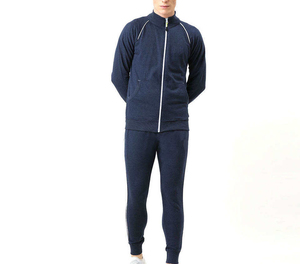Ensemble de survêtement bleu marine pour homme avec sweat-shirt à fermeture éclair intégrale, col montant, en molleton bouclette, et pantalon de jogging décontracté respirant pour l'automne - Product Image 1