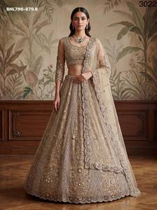 Traje de boda de red con adornos de Zari, Dori, lentejuelas y circonitas, estilo Can-Can, corte A, Lehenga-Choli-Dupatta, a precio mayorista - Product Image 6