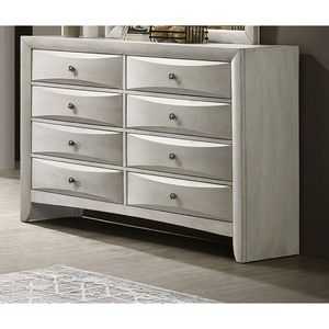 Commode contemporaine à six tiroirs avec finition blanc neutre, façades de tiroirs incurvées, meuble de rangement en bois - Product Image 2