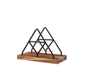 Modern Wooden Napkin <b>Holder</b> With Black Metal Wire Frame Elegant Triangular Tabletop <b>Tissue</b> Dispenser For <b>Kitchen</b> Dining Room - Product Image 1