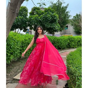 Digital Printed Georgette Anarkali <b>Gown</b> with Bottom and Dupatta for Weddings - Product Image 1