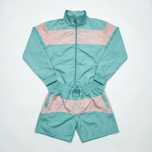 Men's Color Blocking Track Jacket And <b>Shorts</b> Set Stand Collar Sporty Style Summer Wear Breathable Knitted <b>Polyester</b> Outwear - Product Image 1