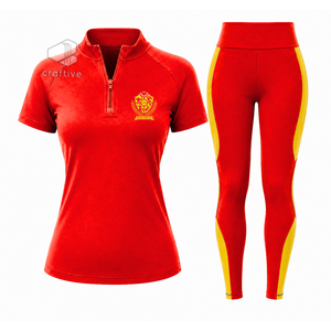 NSPDK Women's Workout Set Quarter Zip <b>Top</b> Short Sleeve High Waist <b>Leggings</b> With Contrast Golden Stripe Sports Activewear Set - Product Image 1