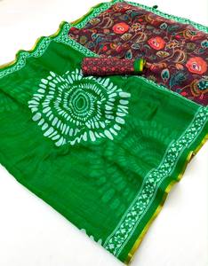 Sari de Lino y Algodón de la Mejor Calidad con Estampado de Círculos Grandes Dispersos y Borde Zari - Blusa con Estampado Digital Multicolor, Exportador Indio - Product Image 4