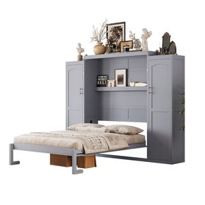 Multifunctional Full-Size Wooden Murphy <b>Bed</b> <b>with</b> 2 Wardrobe <b>Storage</b> Shelf Foldable <b>Platform</b> Bedframe by Gu - Product Image 4