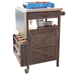 Mobiletto da Esterno in Legno Massello da 40,5 Pollici con Piano in Acciaio Inossidabile, Anta a Ribalta, Un Cassetto, Portasciugamani e Carrello per Barbecue - Product Image 2
