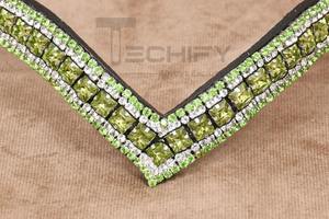 <b>Black</b> Leather Comfortable Horse Brow Band V-Shaped Green Bling Sparkly 3 Row Customized Grooming Accessory MS TECHIFY EXPORTS - Product Image 6