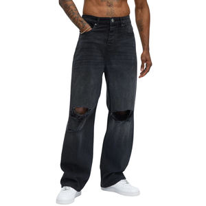 Jean droit déchiré noir pour homme, coupe décontractée, en denim délavé, style streetwear, avec détails de déchirures aux genoux, vintage moderne - Product Image 1