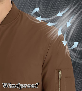 Men's Brown Bomber Jacket <b>Zip</b> Front Casual Solid Color Polyester Wadding Autumn Wear Regular Fit Turn-down Collar - Product Image 4