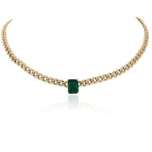 18K Gold Solitaire Emerald and Diamond Studded Curb Chain Choker Necklace - Product Image 2