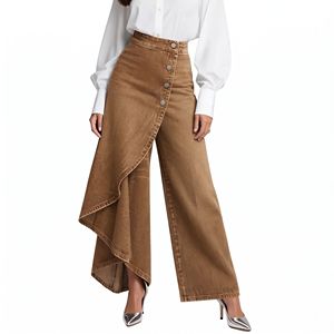 Jean en denim taille haute pour femme, coupe large, avec superposition jupe asymétrique, boutons sur le devant, marron délavé, automne - Product Image 1