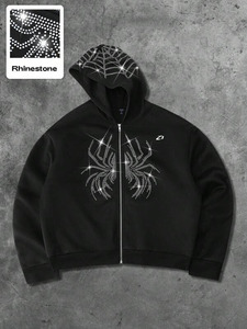 เสื้อฮู้ดซิปผู้ชายแบบครอปพิมพ์ลายแมงมุมประดับเพชร ผ้าฝ้ายฟลีซหนานุ่ม ทรงโอเวอร์ไซส์ สไตล์สตรีทแวร์ รับผลิตตามสั่ง - Product Image 3