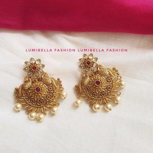 Vintage Diamond Chandelier Drop Earrings in Brass with Ruby and Pearls for Wedding Party Gift - Product Image 3