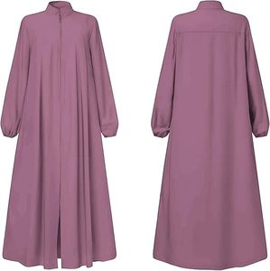 Women Stand Collar Long Sleeve Maxi <b>Abaya</b> Solid Color Lightweight Modest Dress Daily Wear All Seasons Polyester Loose Fit - Product Image 1