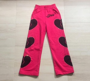 Custom Y2K Fleece Tracksuit Women Hot Pink Cropped <b>Zip</b> Hoodie Rhinestone Broken Heart Print Wide Leg Sweatpants Set - Product Image 4