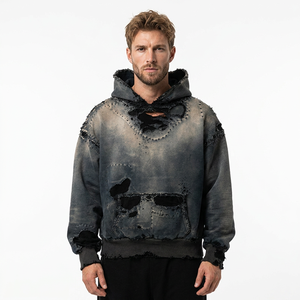 Sweat-shirt à capuche oversize pour homme, effet délavé, aspect denim déchiré, streetwear, 100% coton, uni, hiver, logo personnalisé sur le devant - Product Image 1