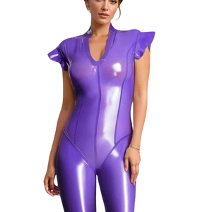 Women's Purple PU Coated <b>Jumpsuit</b> Short Sleeve V-Neck High Waist Skinny Fit With Zipper Clubwear Full Length Solid Color - Product Image 4