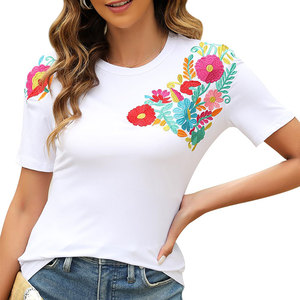 Camiseta de Mujer con Bordado, Cuello Redondo, Manga Corta, Tejido Ecológico, Informal, para Uso Diario y Vacaciones - Product Image 1