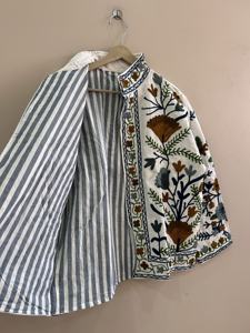<b>Women's</b> Floral Embroidered Knitted Cotton <b>Jacket</b> Stand Collar Full Sleeve Handmade Boho Ethnic Style Autumn/Spring Outerwear - Product Image 4