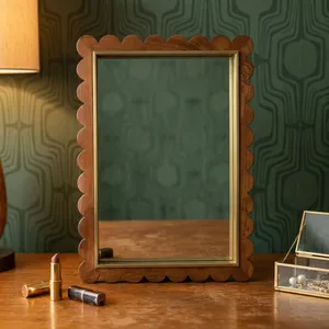 Scalloped Wooden Framed <b>Mirror</b> Mid Century Modern <b>Wall</b> Decor <b>Rectangle</b> Shape Home Use - Product Image 5