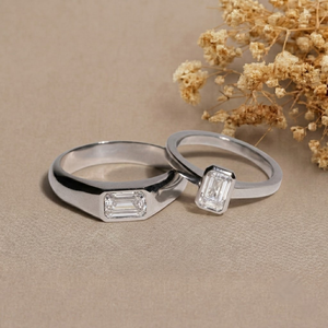 Anillo de Compromiso con Diamante Corte Esmeralda, Oro Blanco de 14K, Engaste de Bisel, Anillo de Banda Geométrico Clásico Unisex para Pareja - Product Image 1