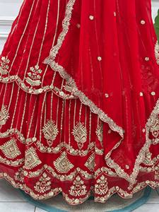 <b>Red</b> Embroidered <b>Sequins</b> Zari Lehenga Choli Dupatta Traditional Indian Wedding Wear for Women Floor-Length Sun Protection Quick - Product Image 6