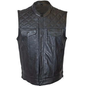 Gilet moto classique en cuir matelassé noir pour homme, gilet de club de motard sans manches en cuir véritable avec poches avant - Product Image 1