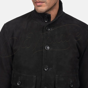 Men Black <b>Suede</b> Leather High Neck <b>Bomber</b> <b>Jacket</b> Slim Fit Button Up Casual Harrington Style Genuine Leather Outerwear - Product Image 3