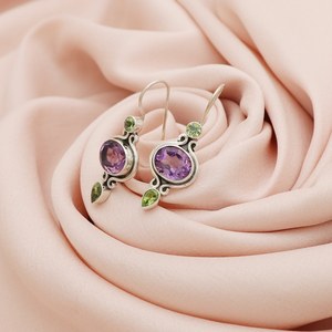 Nikhil Gems Amethyst Peridot Drop <b>Earrings</b> 925 Sterling Silver Platinum/Gold Plated Handmade Peace Design Fashionable Classic - Product Image 6