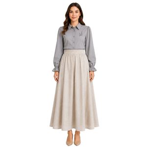 Conjunto de Blusa Bordada y Falda Maxi Gris y Beige para Mujer, Manga Larga, Cierre de Botones, Cintura Alta, Dos Piezas, OEM - Product Image 1