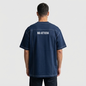 Camiseta de Hombre Azul Marino con Costuras en Contraste, Cuello Redondo, Manga Corta, Corte Holgado, Estilo Casual Urbano - Product Image 2