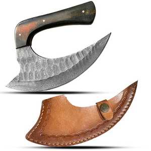 Custom Handmade Damascus Steel Pizza Cutter Wheel Ulu Knife Premium Wooden Handle Kitchen Axe with Genuine Leather Sheath - Product Image 1