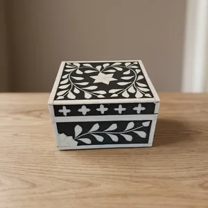 Square Wooden Jewelry <b>Box</b> Black White <b>Floral</b> Carved Design Classic Storage Case Decorative Home Decor Gift <b>Box</b> - Product Image 3