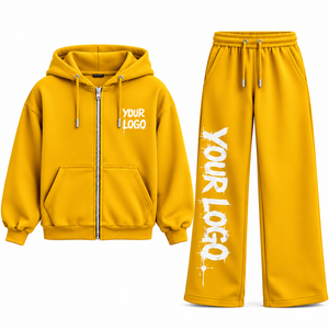 Ensemble survêtement streetwear personnalisé : sweat à capuche zippé oversize et pantalon de jogging ample à jambes larges, 100% coton molleton technique épais - Product Image 1
