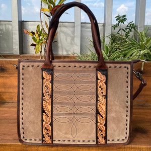 High Quality Hand Tooled <b>Boot</b> Stitch Suede Leather Tote Bag for Women's Custom Genuine Leather Concealed Carry Crossbody Handbag - Product Image 3