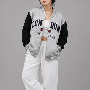 London England Varsity <b>Jacket</b> Blue White Sleeve Zipper Front Logo Print Autumn Wear Women's <b>Jacket</b> - Product Image 5